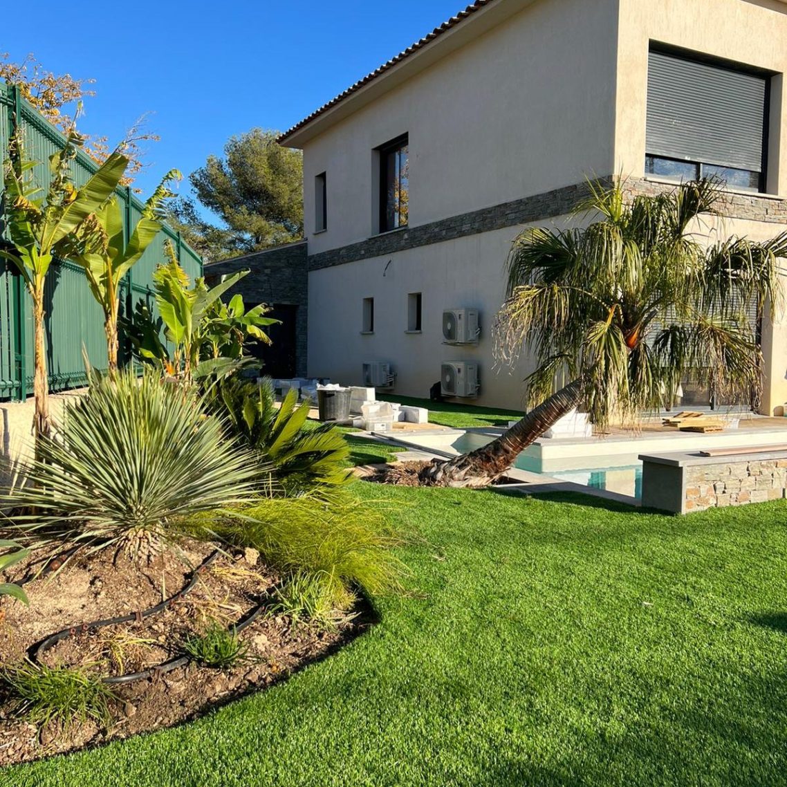 Jardin moderne, palmier penché avec pelouse verte, plantes exotiques et maison moderne en arrière-plan.